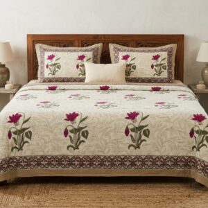 QEEMAT Traditional Magenta Lotus Handblock Printed Pure Cotton Bedsheet with 2 Pillow Covers (90x108 Inch)