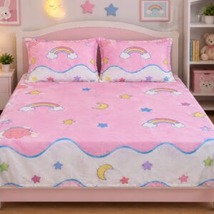 QEEMAT Kids Dreamy Pink Rainbow & Stars Printed Elastic Fitted Bedsheet with 2 Pillow Covers (72x78 Inch)