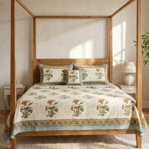 QEEMAT Handcrafted Sanganeri Floral Block Print Pure Cotton Bedsheet with 2 Pillow Covers (90x108 Inch)