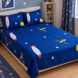 QEEMAT Kids Space Exploration Rocket & Planet Printed Elastic Fitted Bedsheet with 2 Pillow Covers (72x78 Inch)