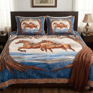 QEEMAT Fleece Cotton Majestic Running Horses Bedsheet Set