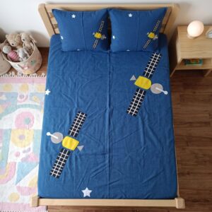 QEEMAT Kids Space Satellite & Stars Printed Elastic Fitted Bedsheet with 2 Pillow Covers (72x78 Inch)
