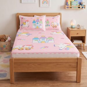 QEEMAT Kids Fairytale Unicorn & Castle Printed Elastic Fitted Bedsheet with 2 Pillow Covers (72x78 Inch)