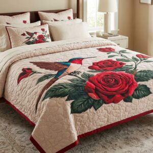 QEEMAT Fleece Cotton Red Rose and Hummingbird Bedsheet