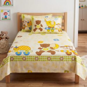 QEEMAT Kids Special Animal & Alphabet Train Printed Elastic Fitted Bedsheet with 2 Pillow Covers (72x78 Inch)