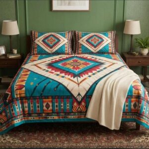 QEEMAT Luxury Fleece Cotton Boho Aztec Geometric Printed Bedsheet with Pillow Covers (72x78 Inch)
