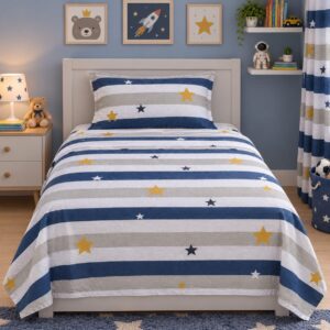 QEEMAT Classic Navy & Grey Striped Star Printed Elastic Fitted Bedsheet with 2 Pillow Covers (72x78 Inch)