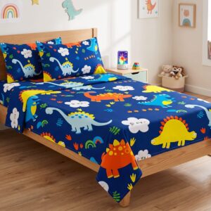 QEEMAT Kids Special Cute Dinosaur Printed Elastic Fitted Bedsheet with 2 Pillow Covers (72x78 Inch)
