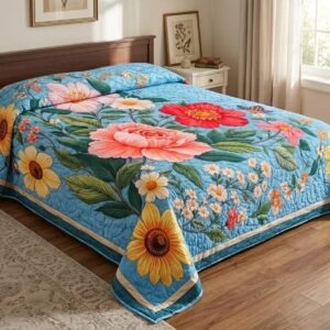 QEEMAT Fleece Cotton Blue Floral and Sunflowers Bedsheet Set