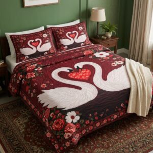 QEEMAT Fleece Cotton Romantic Love Swans and Heart Bedsheet Set