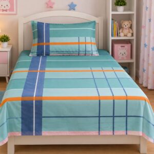 QEEMAT Modern Aqua Blue Geometric Checkered Elastic Fitted Bedsheet with 2 Pillow Covers (72x78 Inch)