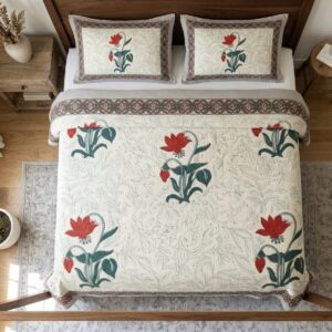 QEEMAT Classic Red & Green Floral Handblock Printed Pure Cotton Bedsheet with 2 Pillow Covers (90x108 Inch)
